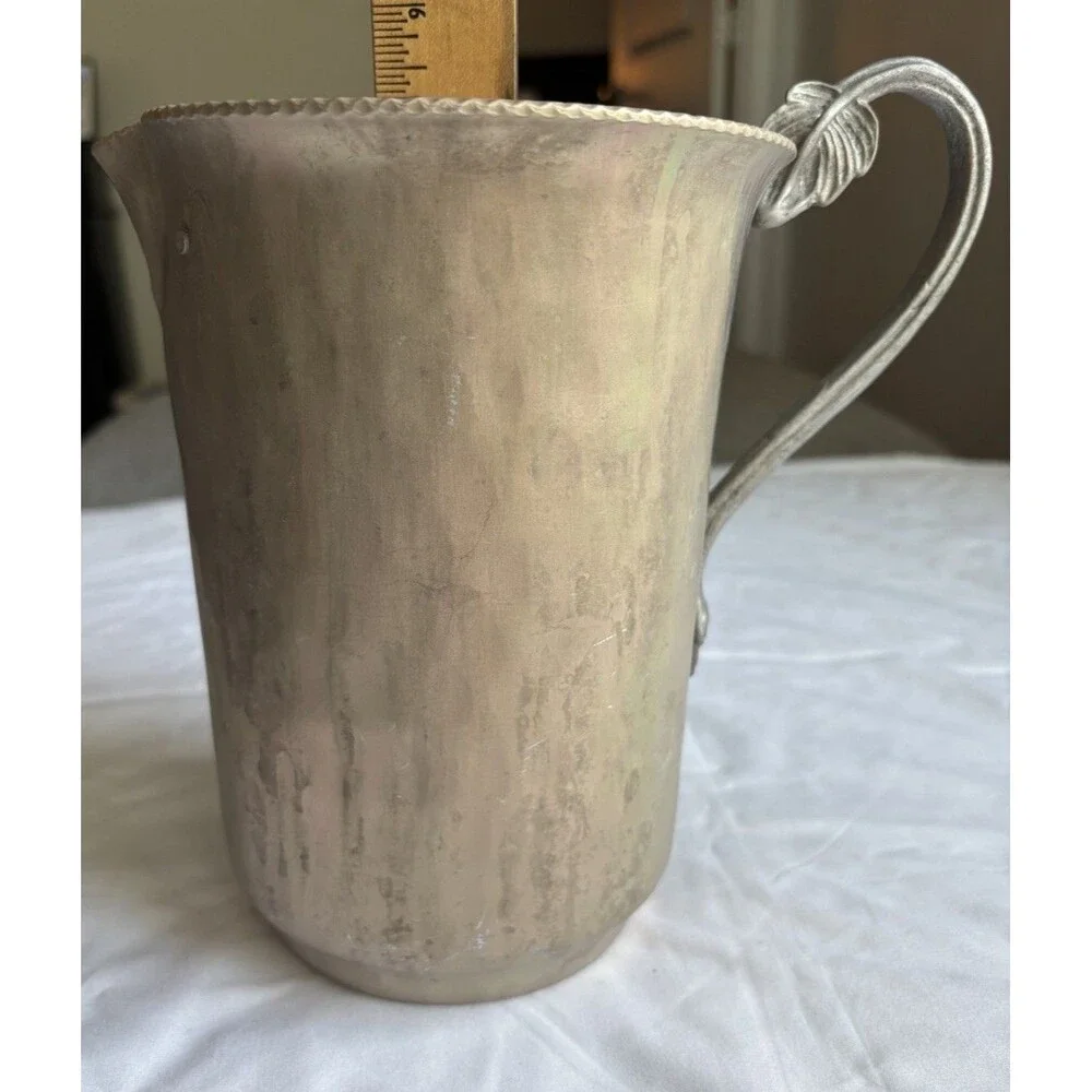 Vintage Hammered Aluminum Pitcher Leaf Pattern Handle With Ice Catcher